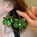 Acrylic Flower Peru Iron Smooth Glossy Dangle Stud Earrings Green White Gold 2.68 in E122