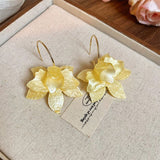 Acrylic Flower Peru Iron Smooth Glossy Dangle Stud Earrings Green White Gold 2.68 in E122