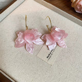Acrylic Flower Peru Iron Smooth Glossy Dangle Stud Earrings Green White Gold 2.68 in E122