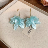 Acrylic Flower Peru Iron Smooth Glossy Dangle Stud Earrings Green White Gold 2.68 in E122