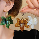 Acrylic Flower Peru Iron Smooth Glossy Dangle Stud Earrings Green White Gold 2.68 in E122 product image 8