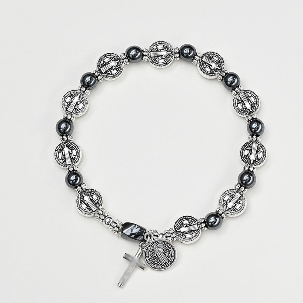 Hematite Flat Round Saint Benedict Cross Beaded Mens Womens Smooth Polished Adjustable Stretch Bracelet Silver Black T119