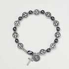 Hematite Flat Round Saint Benedict Cross Beaded Mens Womens Smooth Polished Adjustable Stretch Bracelet Silver Black T119