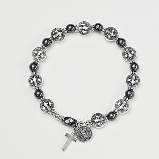Hematite Flat Round Saint Benedict Cross Beaded Mens Womens Smooth Polished Adjustable Stretch Bracelet Silver Black T119
