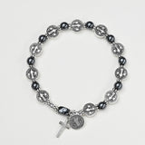 Hematite Flat Round Saint Benedict Cross Beaded Mens Womens Smooth Polished Adjustable Stretch Bracelet Silver Black T119