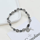 Hematite Flat Round Saint Benedict Cross Beaded Mens Womens Smooth Polished Adjustable Stretch Bracelet Silver Black T119