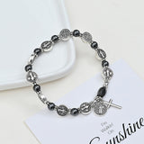 Hematite Flat Round Saint Benedict Cross Beaded Mens Womens Smooth Polished Adjustable Stretch Bracelet Silver Black T119