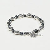 Hematite Flat Round Saint Benedict Cross Beaded Mens Womens Smooth Polished Adjustable Stretch Bracelet Silver Black T119