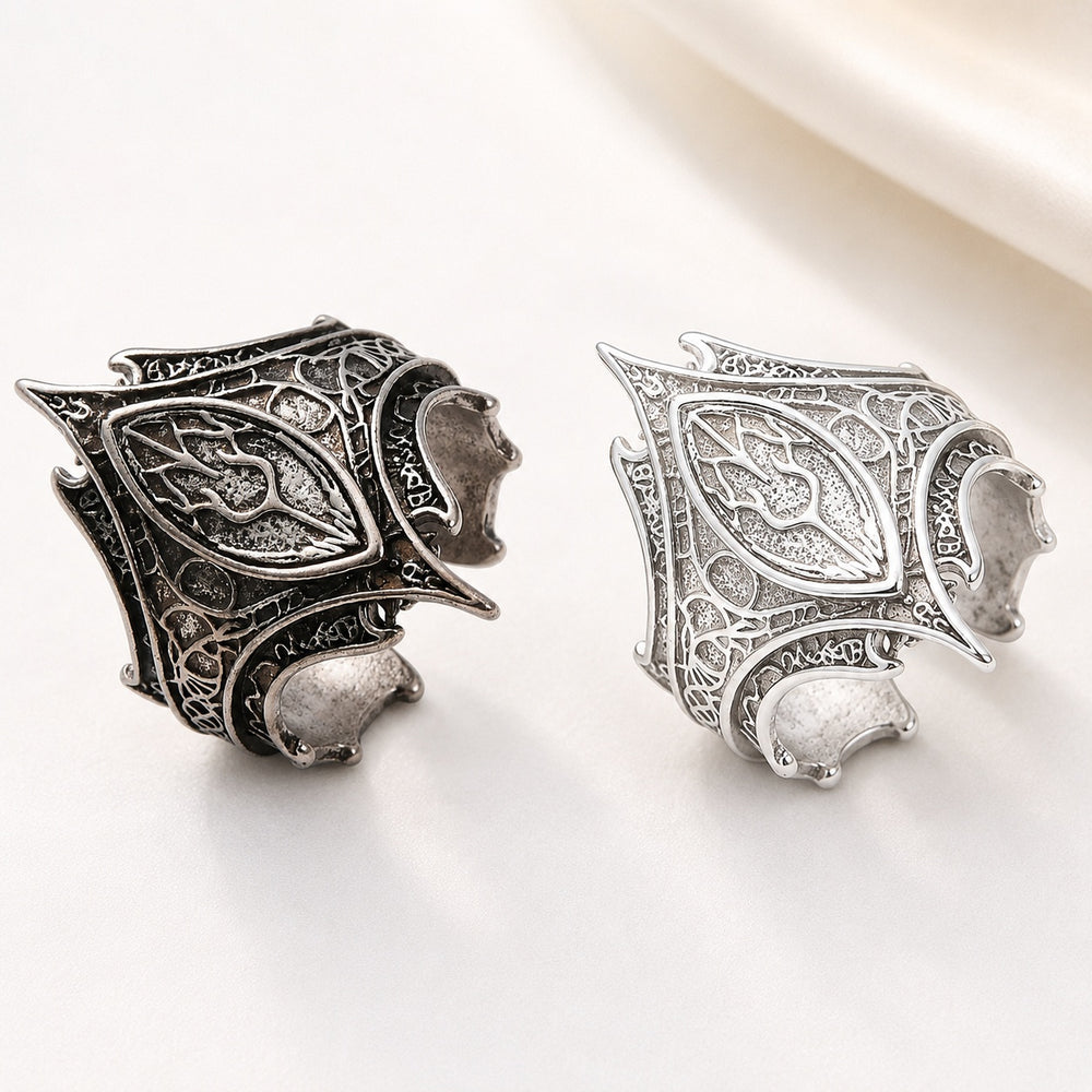 Polished Textured Leaf Floral Dragon-Like Adjustable Open Ring Antique Silver Black R96 product image 1