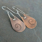 Copper Drop Cat Teardrop Shape Spiral Lines Worn Dangle Earrings Red 1.89 in E124 product image 1
