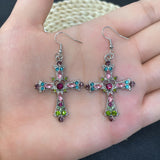 Drop Rhinestone Cross Crystal Bohemian Polished Dangle Earrings Silver 1.38 in E126