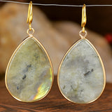 Stainless Steel Drop Teardrop Aventurine Hook Flower Dangle Earrings Gold 1.57 in E127 product image 6