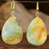 Stainless Steel Drop Teardrop Aventurine Hook Flower Dangle Earrings Gold 1.57 in E127 product image 8