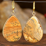 Stainless Steel Drop Teardrop Aventurine Hook Flower Dangle Earrings Gold 1.57 in E127 product image 9