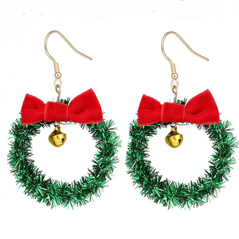Enamel Christmas Theme Drop Wreath Shiny Bow Bell Dangle Earrings Gold 2.2 in E140 product image 1
