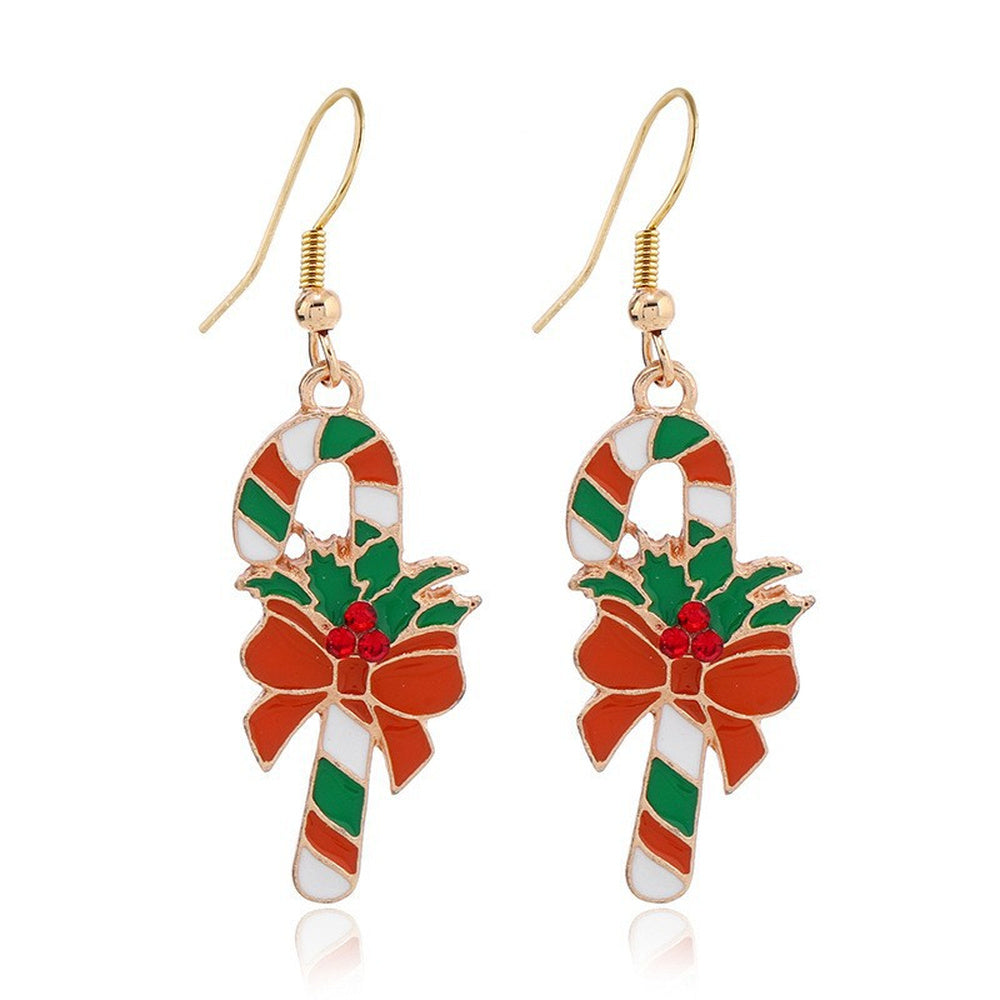 Enamel Christmas Theme Drop Candy Cane Smooth Glossy Dangle Earrings Gold Red 2.05 in E143 product image 1