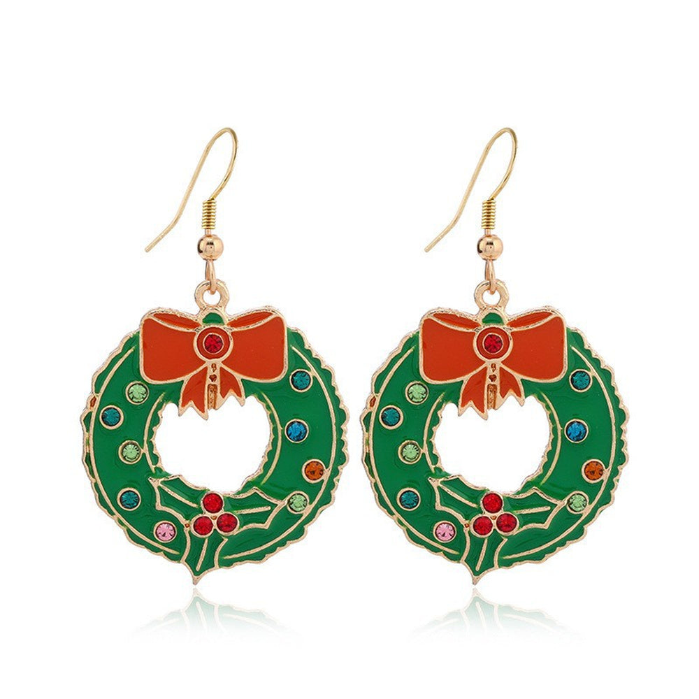 Enamel Christmas Theme Drop Wreath Bows Holly Leaves Berries Dangle Earrings Gold 2.05 in E145 product image 1