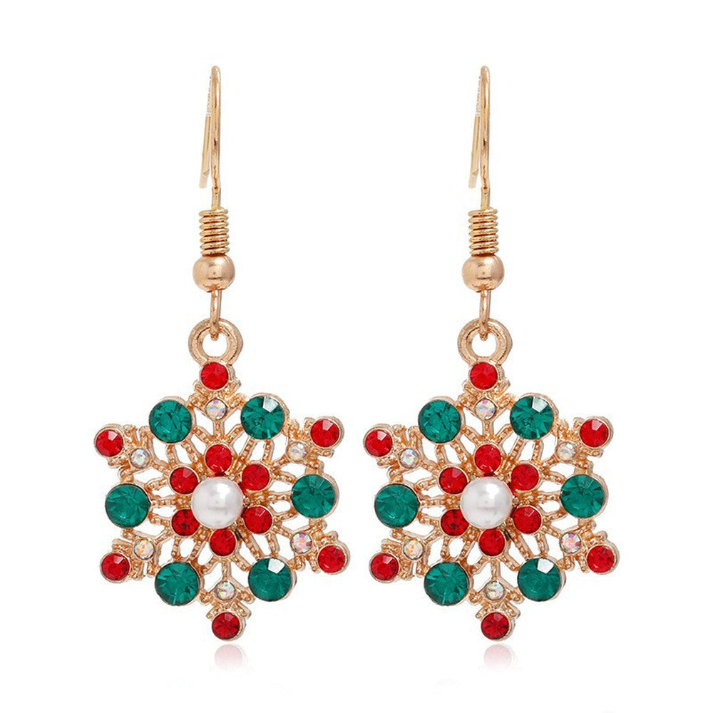 Enamel Christmas Theme Drop Snowflake Holiday Polished Pearl Dangle Earrings Gold 2.17 in E149 product image 1