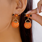 Enamel Rhinestone Pumpkin Dark Glossy Shiny Dangle Stud Earrings Orange Gold 1.46 in E152 product image 1