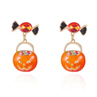 Enamel Rhinestone Pumpkin Dark Glossy Shiny Dangle Stud Earrings Orange Gold 1.46 in E152 product image 2