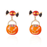 Enamel Rhinestone Pumpkin Dark Glossy Shiny Dangle Stud Earrings Orange Gold 1.46 in E152 product image 2