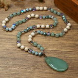 Glass Crystal Teardrop Round Quartz Jasper Amethyst Beaded Smooth Polished Square Pendant Necklace White Green Purple Red N95