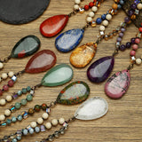 Glass Crystal Teardrop Round Quartz Jasper Amethyst Beaded Smooth Polished Square Pendant Necklace White Green Purple Red N95