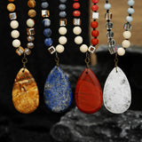 Glass Crystal Teardrop Round Quartz Jasper Amethyst Beaded Smooth Polished Square Pendant Necklace White Green Purple Red N95