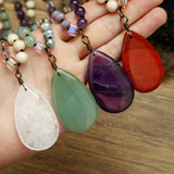 Glass Crystal Teardrop Round Quartz Jasper Amethyst Beaded Smooth Polished Square Pendant Necklace White Green Purple Red N95