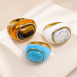 Stainless Steel Oval Tiger Eye Size 7-10 Smooth Polished Round Ring Turquoise Gold R107 product image 1