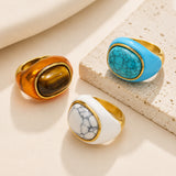 Stainless Steel Oval Tiger Eye Size 7-10 Smooth Polished Round Ring Turquoise Gold R107 product image 2