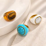 Stainless Steel Oval Tiger Eye Size 7-10 Smooth Polished Round Ring Turquoise Gold R107 product image 3