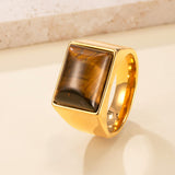 Stainless Steel Tiger Eye Rectangle Size 7-10 Polished Rectangular Stone Ring Gold R109
