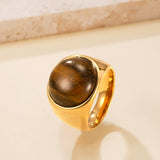 Stainless Steel Tiger Eye Round Size 7-10 Polished Bezels Thick Band Ring Gold R111