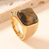 Stainless Steel Tiger Eye Square Size 7-9 Smooth Polished Marbled Ring Gold R114