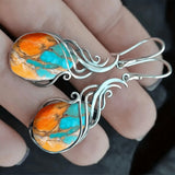 Resin Drop Teardrop Bohemian Dark Smooth Polished Oval Dangle Earrings Orange Silver 1.57 in E153 product image 2