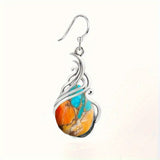 Resin Drop Teardrop Bohemian Dark Smooth Polished Oval Dangle Earrings Orange Silver 1.57 in E153 product image 5