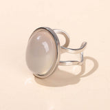 Stainless Steel Agate Oval Tiger Eye Jade Smooth Polished Adjustable Cuff Ring White Silver R119