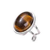 Stainless Steel Agate Oval Tiger Eye Jade Smooth Polished Adjustable Cuff Ring White Silver R119