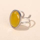 Stainless Steel Agate Oval Tiger Eye Jade Smooth Polished Adjustable Cuff Ring White Silver R119