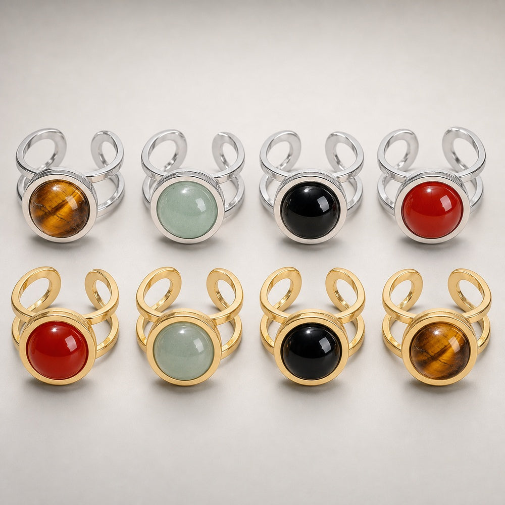 Stainless Steel Flat Round Aventurine Tiger Eye Polished Adjustable Cuff Ring Gold R120 product image 1