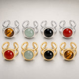 Stainless Steel Flat Round Aventurine Tiger Eye Polished Adjustable Cuff Ring Gold R120 product image 1