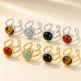 Stainless Steel Flat Round Aventurine Tiger Eye Polished Adjustable Cuff Ring Gold R120 product image 2