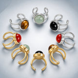 Stainless Steel Flat Round Aventurine Tiger Eye Polished Adjustable Cuff Ring Gold R120 product image 3