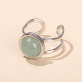 Stainless Steel Flat Round Aventurine Tiger Eye Polished Adjustable Cuff Ring Gold R120