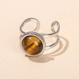 Stainless Steel Flat Round Aventurine Tiger Eye Polished Adjustable Cuff Ring Gold R120