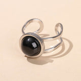 Stainless Steel Flat Round Aventurine Tiger Eye Polished Adjustable Cuff Ring Gold R120