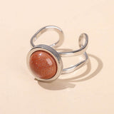 Stainless Steel Flat Round Aventurine Tiger Eye Polished Adjustable Cuff Ring Gold R120