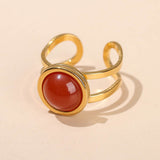 Stainless Steel Flat Round Aventurine Tiger Eye Polished Adjustable Cuff Ring Gold R120