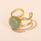 Stainless Steel Flat Round Aventurine Tiger Eye Polished Adjustable Cuff Ring Gold R120